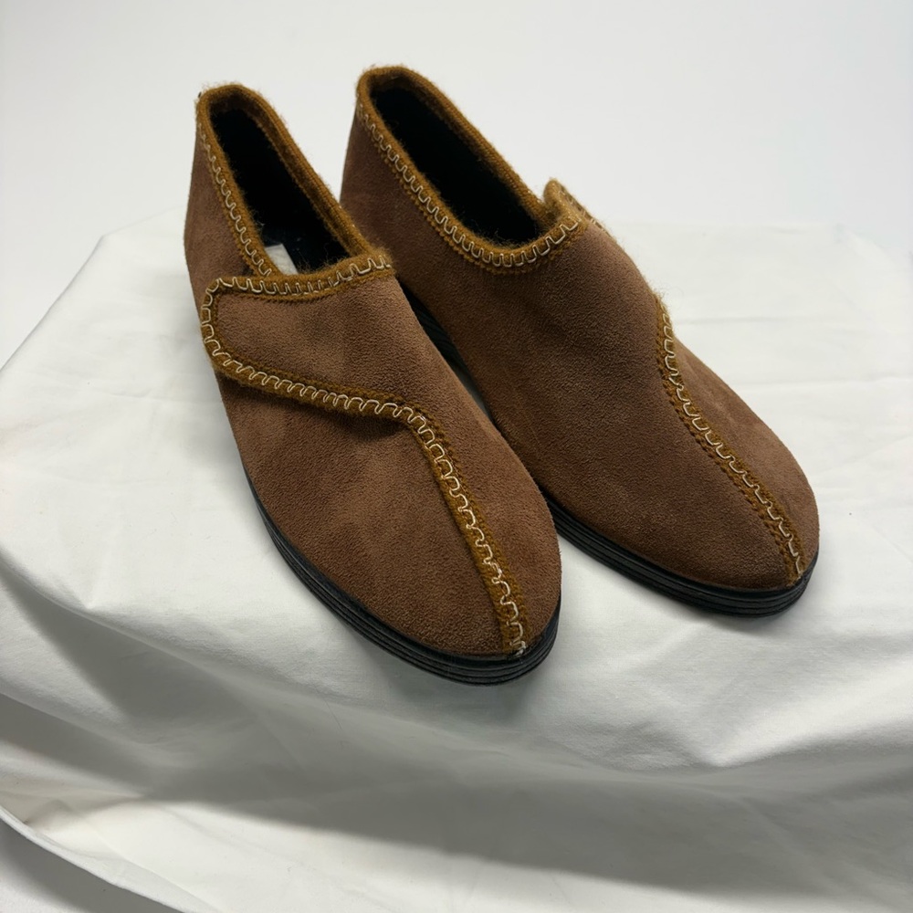 Vintage Suede Mule Slippers Blanket Stitch Boho Grandmacore Brown Clogs US 8M